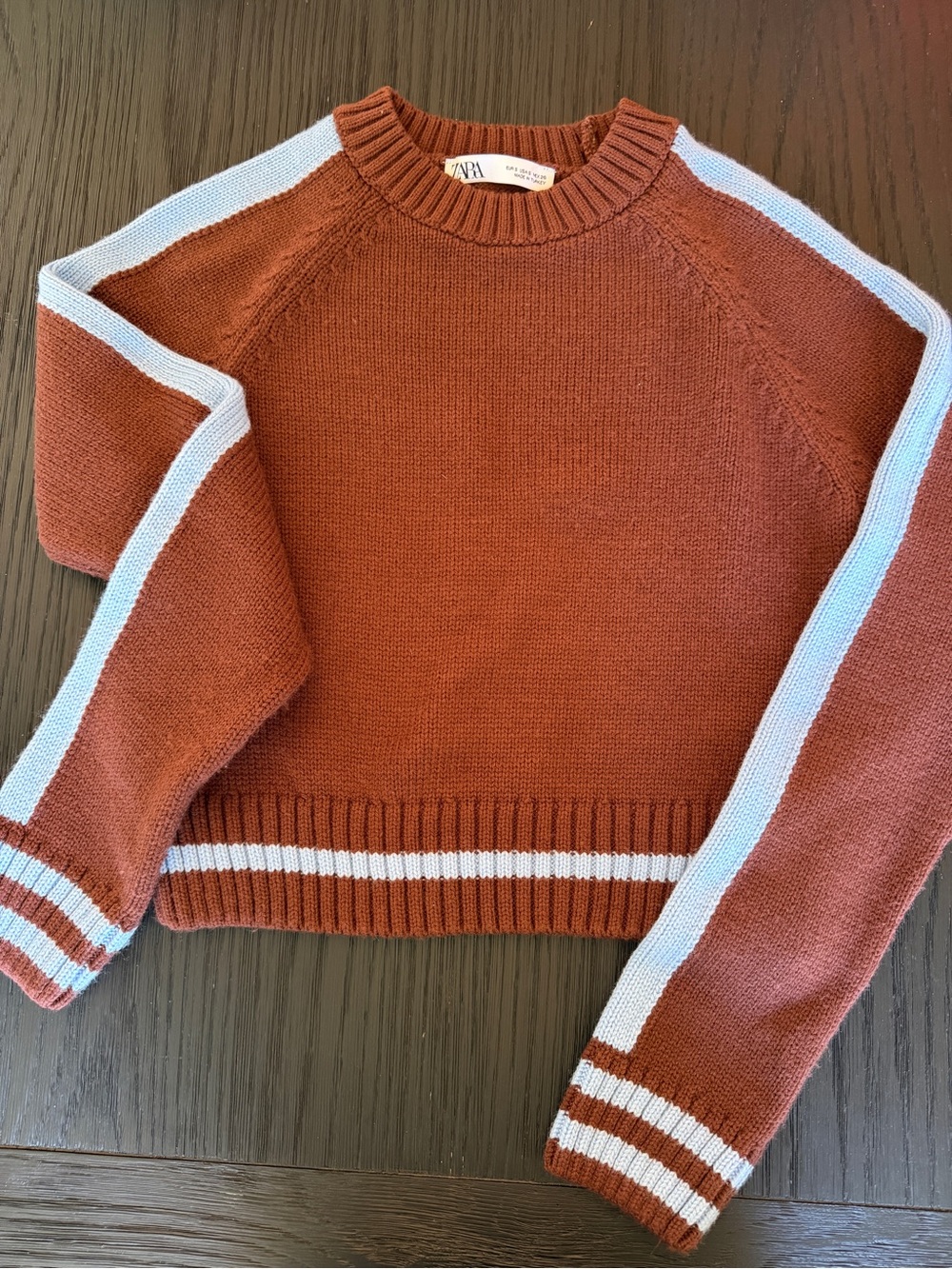 Zara Rust Cropped Sweater with Light Blue Stripes